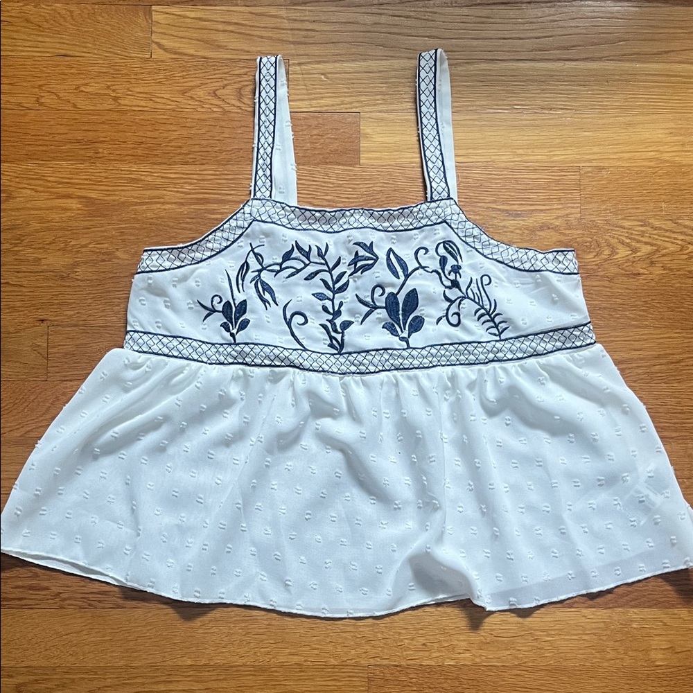 White and Blue Embroidered Sleeveless Top.
